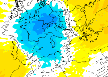 Mappa delle anomali termiche, con anomalie negative di temperatura che interesseranno la Toscana nei prossimi giorni.